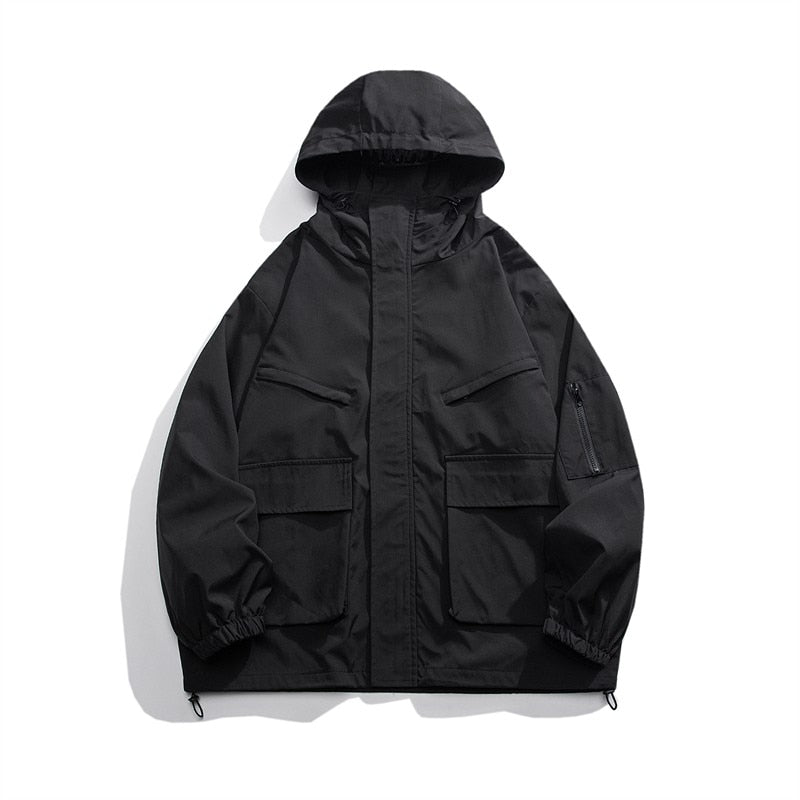 xiangtuibao New Autumn Men's Waterproof Jackets Multiple Pockets Hooded Windbreaker Black Tactical Coats Fashion Oversized Techwear Clothes