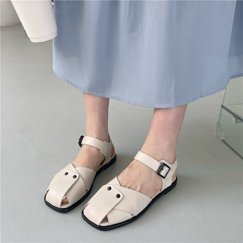 Bailamos Woman Retro Sandals Fashion Flats Buckle Strap Female Shoes Casual Outdoors Slides Lady Gladiaior Sandal Slippers