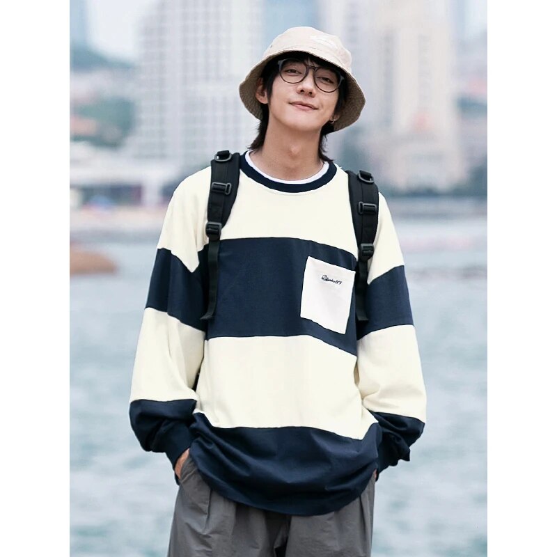 xiangtuibao Men Striped Hoodies Oversized Sweatshirt Harajuku Pullovers Neutral Korean Fashion Couples Matching Pocket Long Sleeve Tops