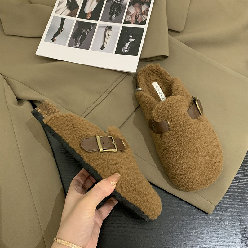 xiangtuibao Plush Muller Shoes Half Slipper For Women Fashion Designed Belt Buckle Furry Indoor Slippers Winter Warm Keeping Shoes