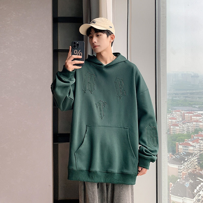 xiangtuibao American Retro Letter Patch Pullovers Autumn New Solid Hip Hop High Street Loose Hoodies Men Trend Oversized Casual Sweatshirt