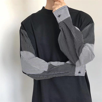 xiangtuibao Men's Striped Printing Splicing Color Hoodies Long Sleeve Simple Top Sweatshirts Fashion Trend Coats Black Color Pullover