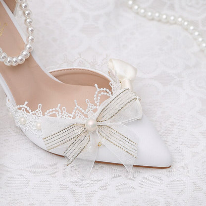 xiangtuibao Lady Heels Sweety Vintage Lace Girl Lolita Style Bow Knot One Word Pointed Hollow High Heel Sandals Lo Marry Sandals