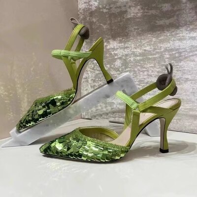 xiangtuibao Brand Pink Sequin Sandals Luxury Leather Pointed Toe High Heels Metal Strange Style Heel Runway Pumps Banquet Party Shoes Women