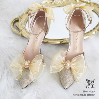 xiangtuibao French Girl Butterfly Multicolor Lace Bowknot Pearl Sequin Lolita Shoes Pointed Sandals High Heel Victoria Tea Party Cosplay Lol