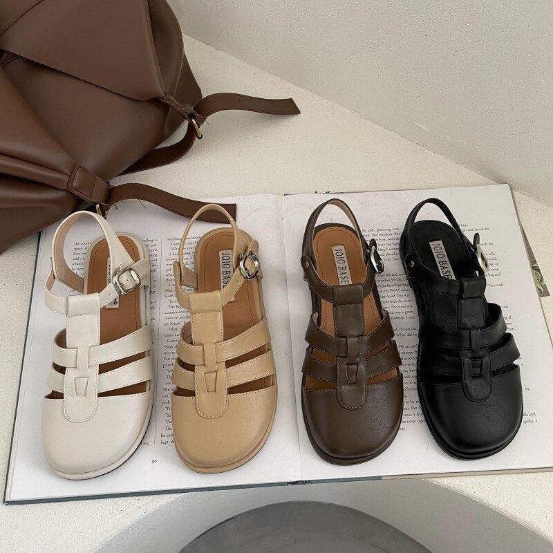 Low Sandals Woman Leather Low-heeled Fabric Hoof Heels Fretwork PU Rubber Slides Low Sandals Woman Leather Low-heeled Fabric PU