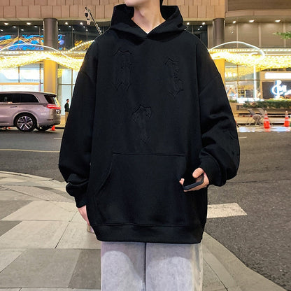 xiangtuibao American Retro Letter Patch Pullovers Autumn New Solid Hip Hop High Street Loose Hoodies Men Trend Oversized Casual Sweatshirt