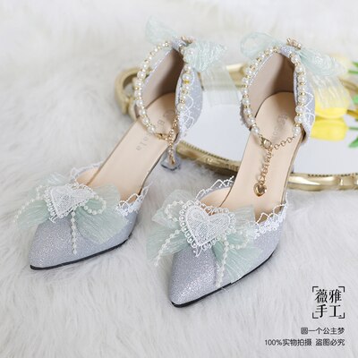 xiangtuibao Kawaii Girl Tea Party Elegant Pearl Love Lace Bowknot Lolita Shoes Multicolor Exquisite Embroidery Pointed Sandals Cosplay Lolit