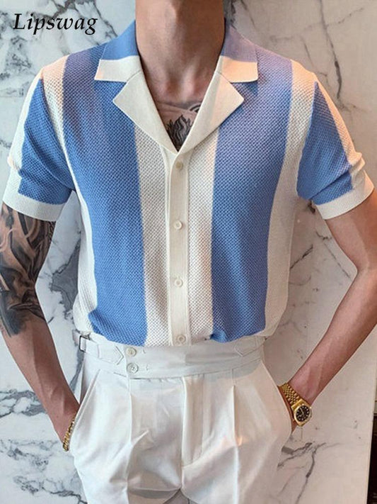 xiangtuibao Summer Short Sleeve Knitted Polo Shirt Casual Men Button-up Turn-down Collar Tops Mens Fashion Striped Polos Man Streetwear