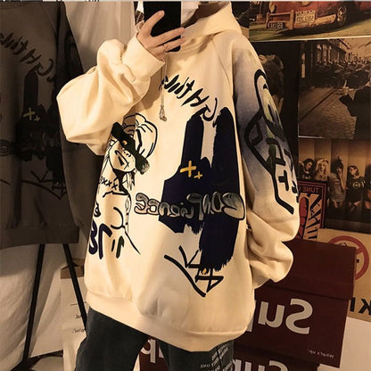 xiangtuibao Autumn and winter Korean style trend plus fleece hooded sweater men graffiti hip-hop all-match loose printed coat couple sweater