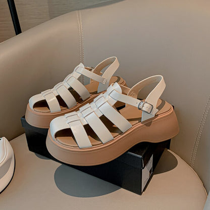 Split  Leather Platform Sandals Japanese Retro Gladiator Woman Flats Buckle Strap Woman Simple Shoes Summer Sandal Roman Style