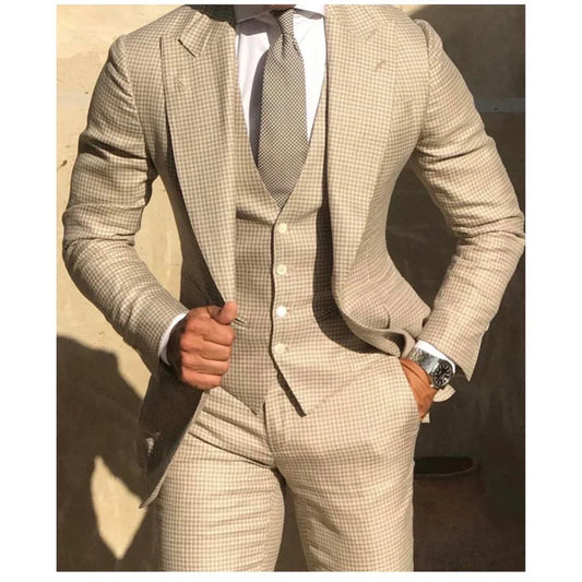 xiangtuibao - Latest Design Plaid Checkered Men's 3 Piece Set Wedding Party Fashion Gentleman Suits Summer Blazers(Jacket+Pants+Vest)