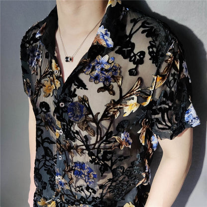 xiangtuibao Colorful Flowers Pattern Velvet Shirt Men Transparent Short Sleeve Sexy Shirt Social Club Outfits Party Men Designer Shirt