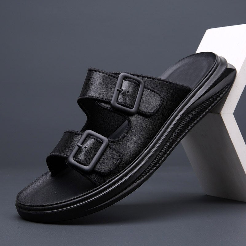 New Men's Genuine Leather Rubber Slippers High Quality Soft Two Buckle Slides Footwear For Men Flip-flops Size 38-44