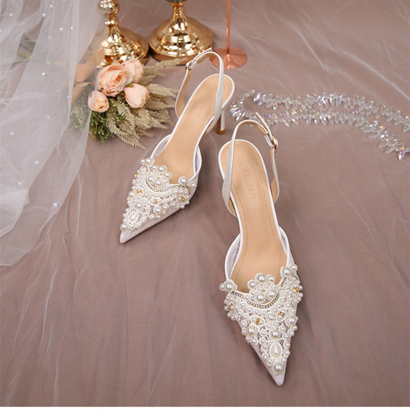 White Lace Pearl Wedding Pumps Heels Shoes for Women Crystal Luxury Pumps Elegant 9 Cm High Heels Sandals  Comfy Bridal Shoe