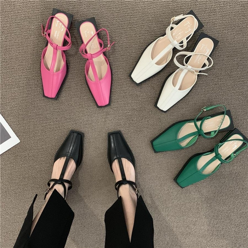 Spring Summer Low Heels Ankle Strap Sandals Women Fashion Design Green Pink Mules Slippers Closed Toe Sandals Ladies Shoes