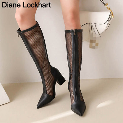 Sexy Mesh knee high Boots Summer Women Pointed Toe High Heels Woman's Shoes Ladies Zip Sandals Cool Boot Female Bottes Big size