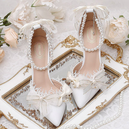 xiangtuibao Lady Heels Sweety Vintage Lace Girl Lolita Style Bow Knot One Word Pointed Hollow High Heel Sandals Lo Marry Sandals