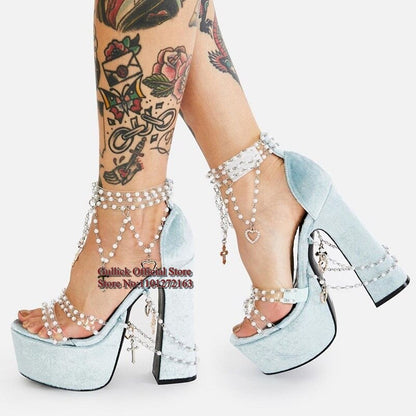 New Velvet Chunky Heels Women Sandals String Bead Pearl Chain Platform Runway Shoes PVC