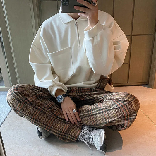 xiangtuibao  -  Lapel Men's Oversized Sweatshirt Long Sleeve Loose Single Pockets Design Pullover Tops Korean Chic Clothing Thick 2D1250
