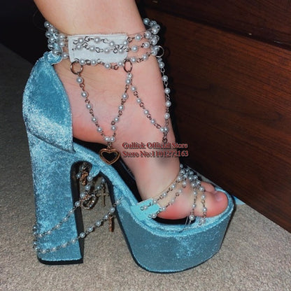 New Velvet Chunky Heels Women Sandals String Bead Pearl Chain Platform Runway Shoes PVC