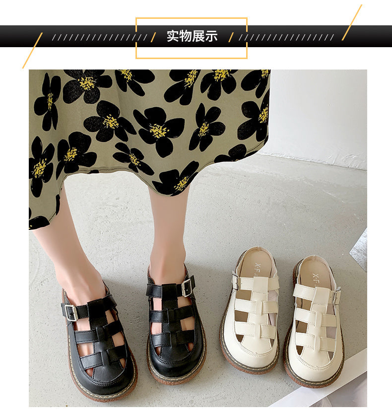 Female Shoes Low Cover Toe Slippers Casual Fretwork Heels Slides  Luxury Summer Flat Rubber PU Fretwork Heels Cover Toe Low