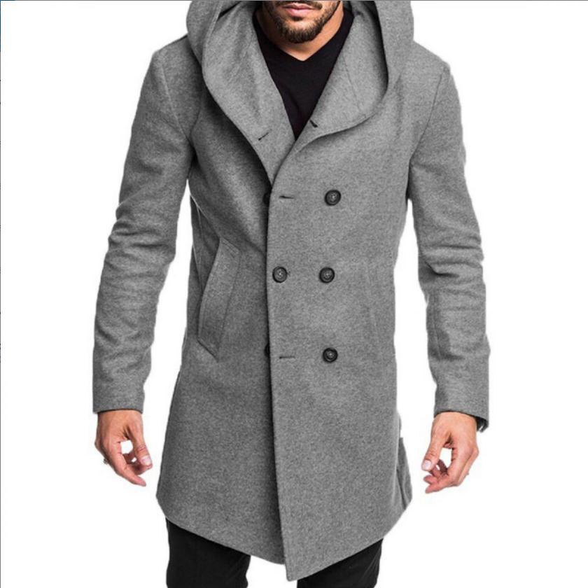 xiangtuibao Mens Fashion Hooded Woolen Coat Autumn Double Breasted Solid Color Male Winter Jacket Fashion Ropa De Hombre