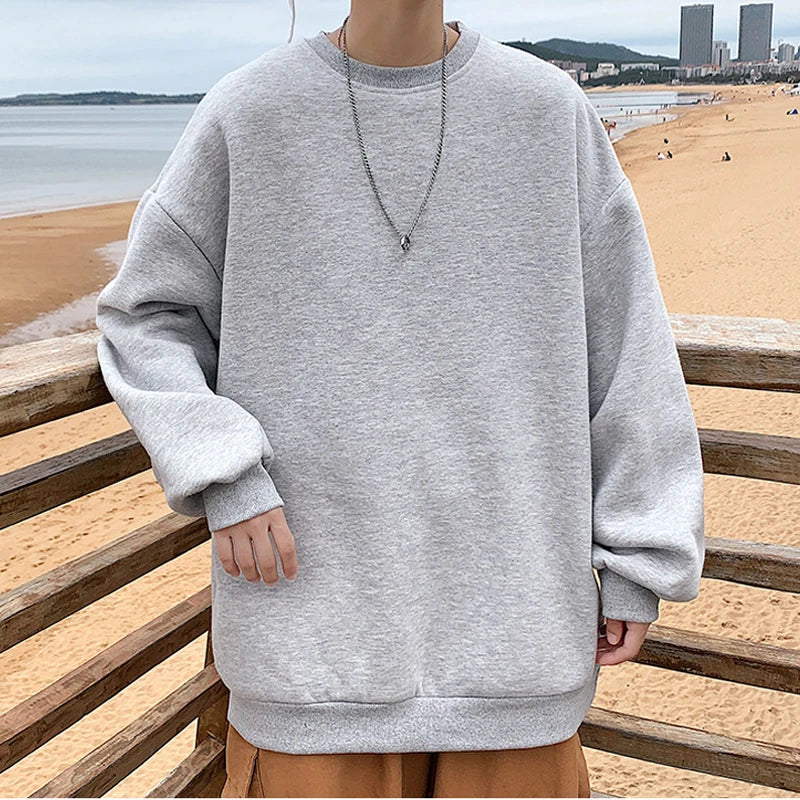 xiangtuibao  -  Streetwear Oversize Sweatshirts Casual Spring Solid Long Sleeve Tops Tee For Man Fashion Loose O-Neck Simple Shirts Men Clothing