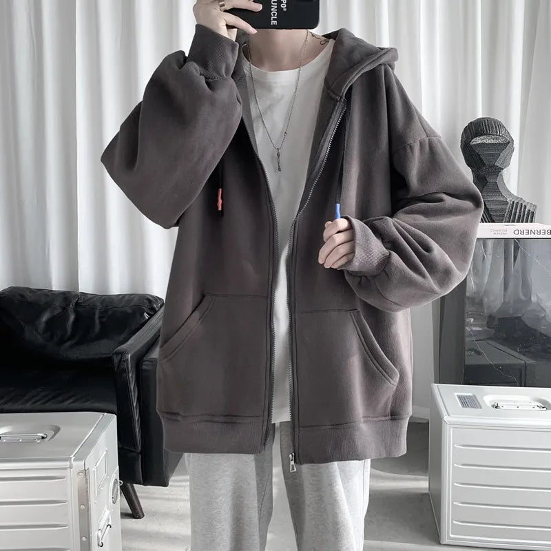 xiangtuibao Spring Trend Japanese Oversized Casual Zipper Hoodies Retro Solid Color Streetwear Men Harajuku Loose Casual Fashion Jackets