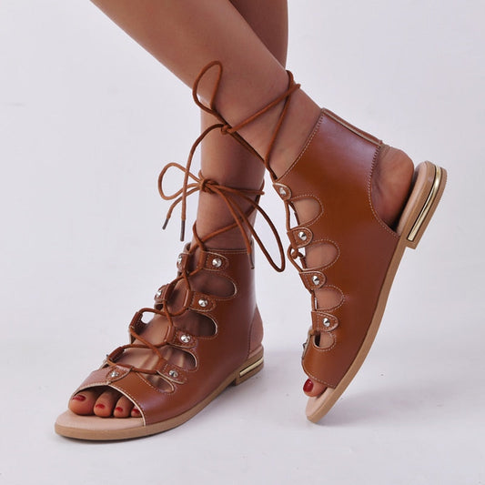 Rimocy Rivet Cross Strap Sandals Women Summer  Hollow Out Low Heels Rome Shoes Woman Pu Leather Lace-up Sandalias Mujer