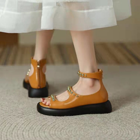 4CM Women's Sandals Design Rear Zipper Metal Decorative Solid Color Casual Shoes Summer Women's Personality Hollow Roman Shoes