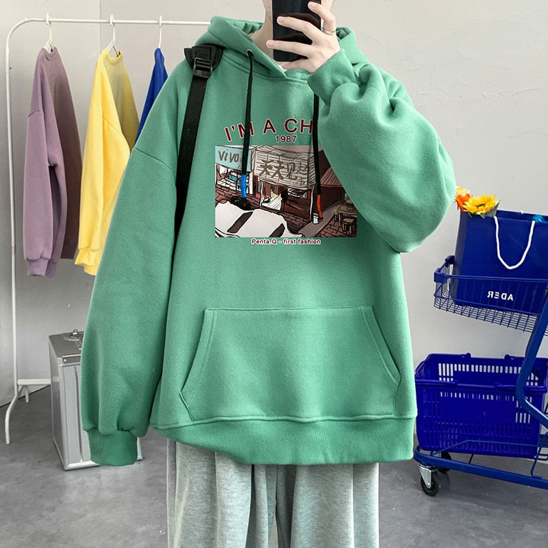 xiangtuibao Men's New Youth Casual Loose Size Plus Hoodies Graphical Patterned Hong Kong Long Sleeve Pockets Couple Outfit Sweatshirt