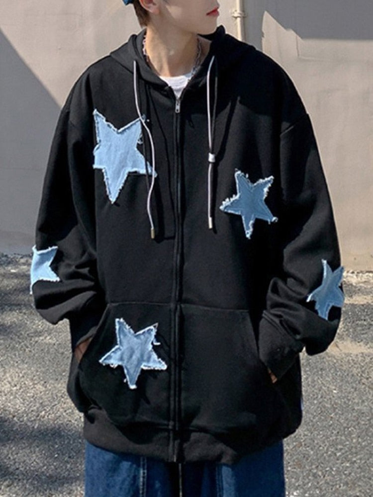 xiangtuibao Y2k Men's Star Patch Hoodies Harajuku Zip Up Oversized Sweatshirts Hip Hop Gothic Loose Pocket Korean Jacket Hoodie Streetwear