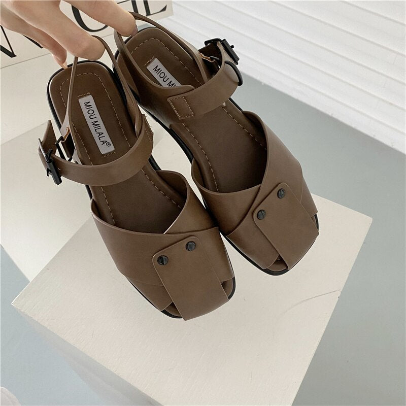 Bailamos Woman Retro Sandals Fashion Flats Buckle Strap Female Shoes Casual Outdoors Slides Lady Gladiaior Sandal Slippers