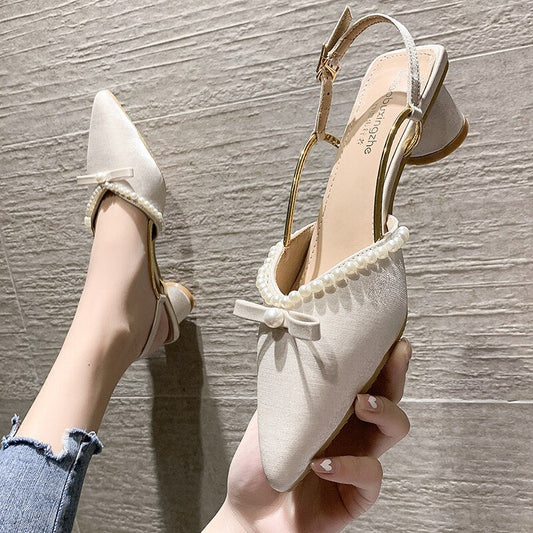 Med Closed Toe Sandals Low-Heeled Shoes With Strap  Women's Suit Female Beige Shallow Mouth All-Match Medium Low-heeled New