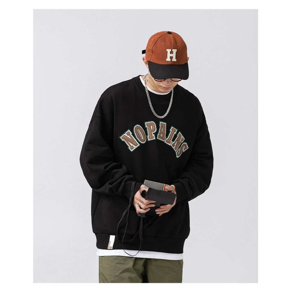 xiangtuibao Male Japanese Retro Trend O-neck Sweatshirts Men Letter Embroidery Sudue Hoodies Oversize Long Sleeve Streetwear Autumn Winter