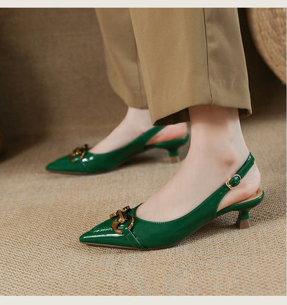 3cm New Fashion Sandals Patent Leather Pointed Toe with Button Low Heels Ankle Wrap Party for Women Shoes 38 39