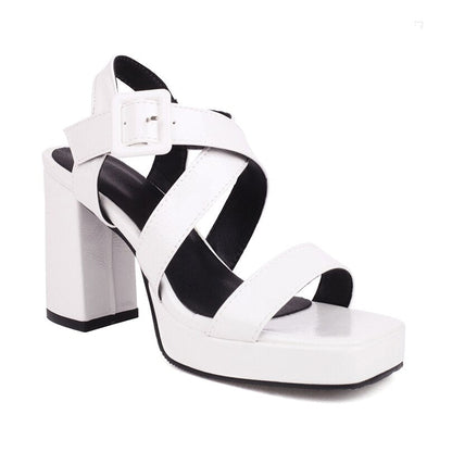 xiangtuibao Glossy Patent Leather Material Square Head Cross Thin Belt Women's Peep Toe Shoes Square Buttoned Ankle Extra Cut-Out Sandals