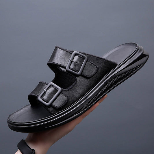 New Men's Genuine Leather Rubber Slippers High Quality Soft Two Buckle Slides Footwear For Men Flip-flops Size 38-44