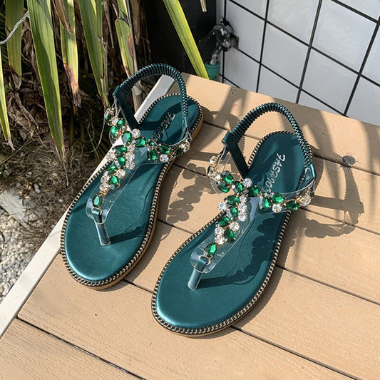 Ladies Bohemian Sandals  Summer Casual Shoes Black Green Beach Flip Flops Outdoor Gladiator Rhinestone Flat Sandals Women