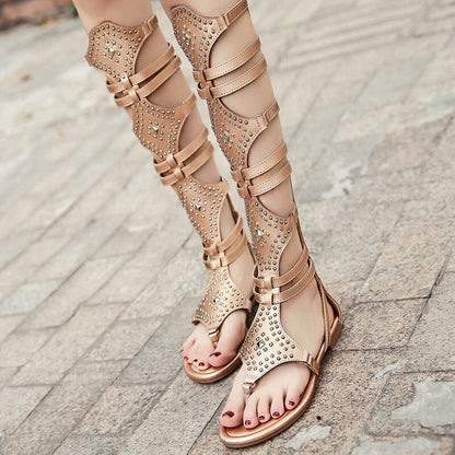 xiangtuibao  Zipper Ladies Fashion Rivet Knee High Boots Shoes Flip Flops Summers Flats Elegant Women Sandals Female Casual Outdoor Sandal