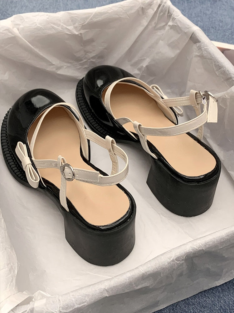 Mary Janes Platform Shoes Buckle Bow Round Toe Sweet Shoes Lolita Hollow Fairy Elegant Sandals Shoes Woman Casual  Summer