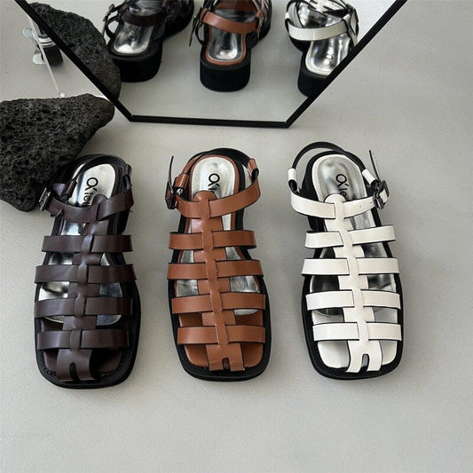 Low Sandals Woman Leather Low-heeled PU Rubber Fabric Fretwork Slides Hoof Heels Low Sandals Woman Leather Low-heeled Fabric Fre