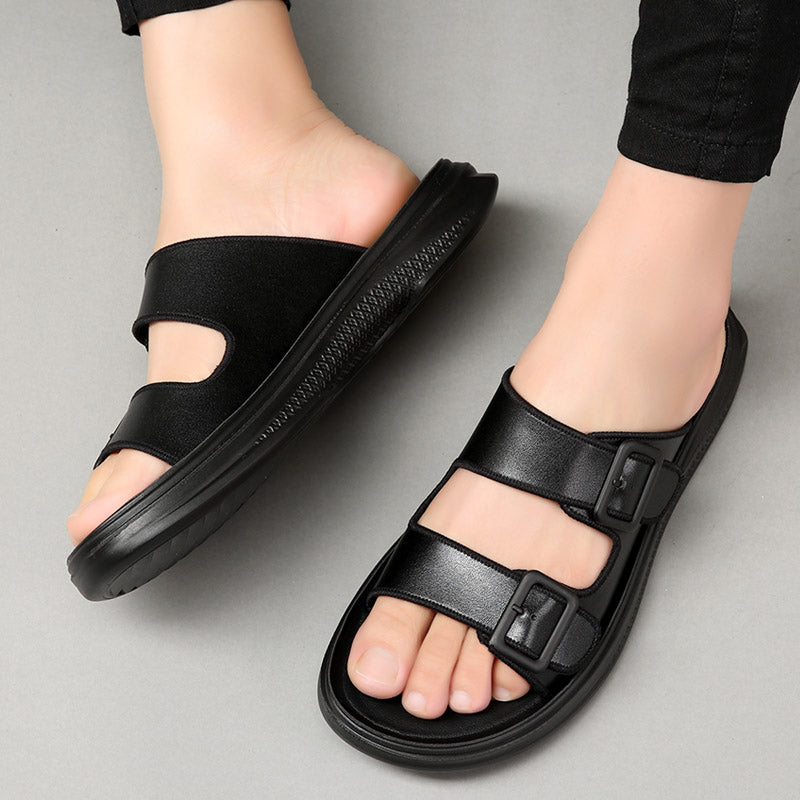 New Men's Genuine Leather Rubber Slippers High Quality Soft Two Buckle Slides Footwear For Men Flip-flops Size 38-44