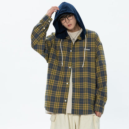 xiangtuibao Spring Summer Trendy Style Baggy Plaid Hooded Shirts Long Sleeve For Men Oversized Fashion Cardigan Blouse High Quality Harajuku