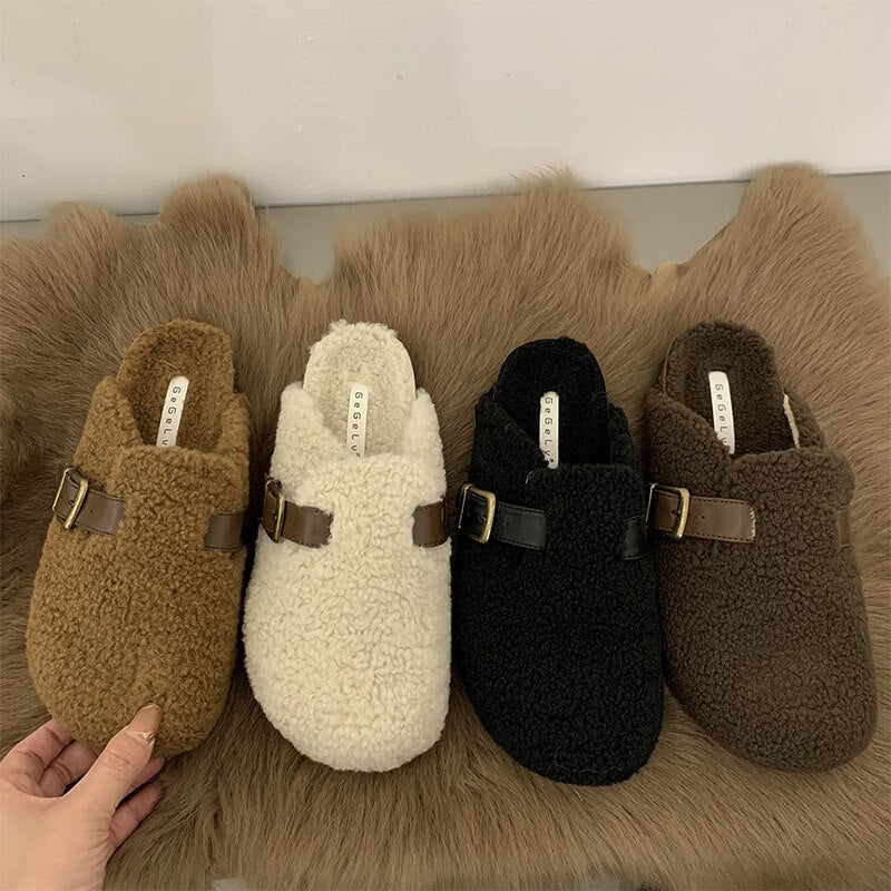 xiangtuibao Plush Muller Shoes Half Slipper For Women Fashion Designed Belt Buckle Furry Indoor Slippers Winter Warm Keeping Shoes