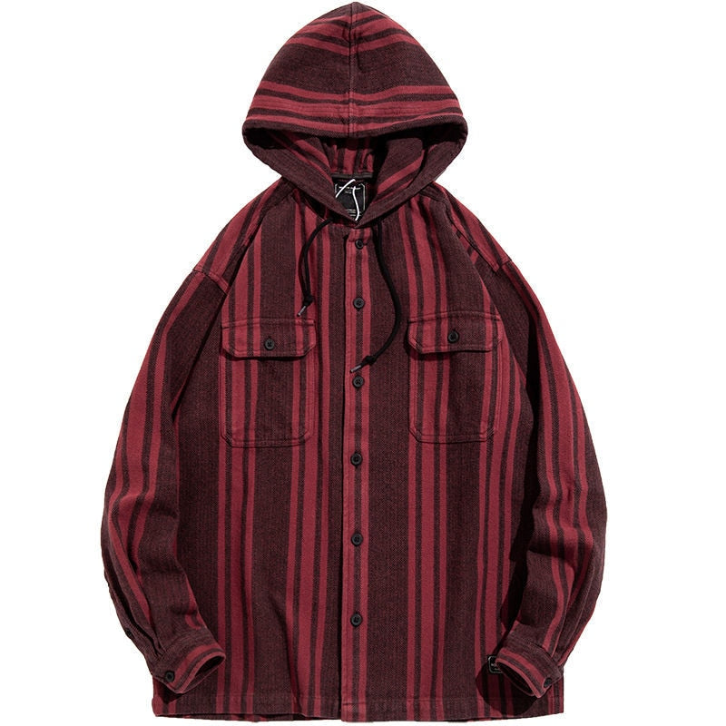 xiangtuibao Hooded Shirt Men's Hoodie Sweatshirts Cardigan Male Hoodies Striped Vintage Sweatshirt Red Japanese Streetwear Casual