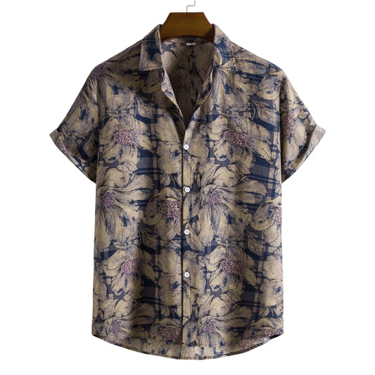 xiangtuibao Mens Vintage Button Up Cotton Linen Shirts Slim Fit Short Sleeve Hawaiian Floral Shirt Men Harajuku Streetwear Casual Camisas