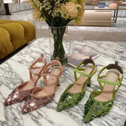 xiangtuibao Brand Pink Sequin Sandals Luxury Leather Pointed Toe High Heels Metal Strange Style Heel Runway Pumps Banquet Party Shoes Women