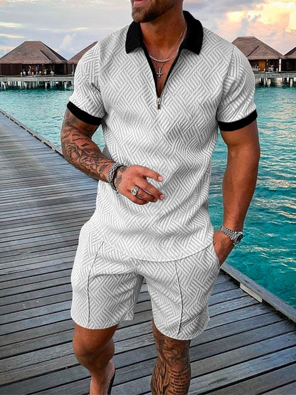 xiangtuibao Men's Polo Suit Fashion Men Sets Mens Solid Color Summer V-neck Zipper Short Sleeve POLO Shirt+Shorts Two Pieces Men Casual Suit